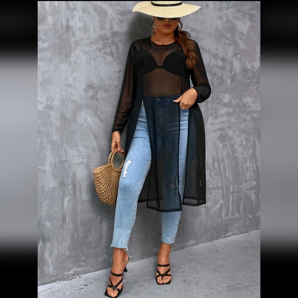 SHEIN Essnce Plus Split Hem Sheer Longline Mesh Top Without Bra 3XL